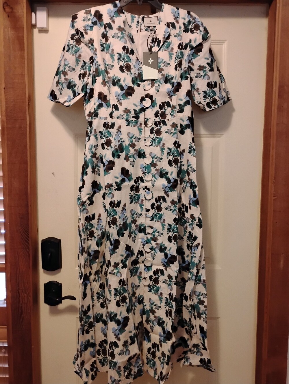 Tuckernuck White Midi Dress with Teal and Black Floral Print